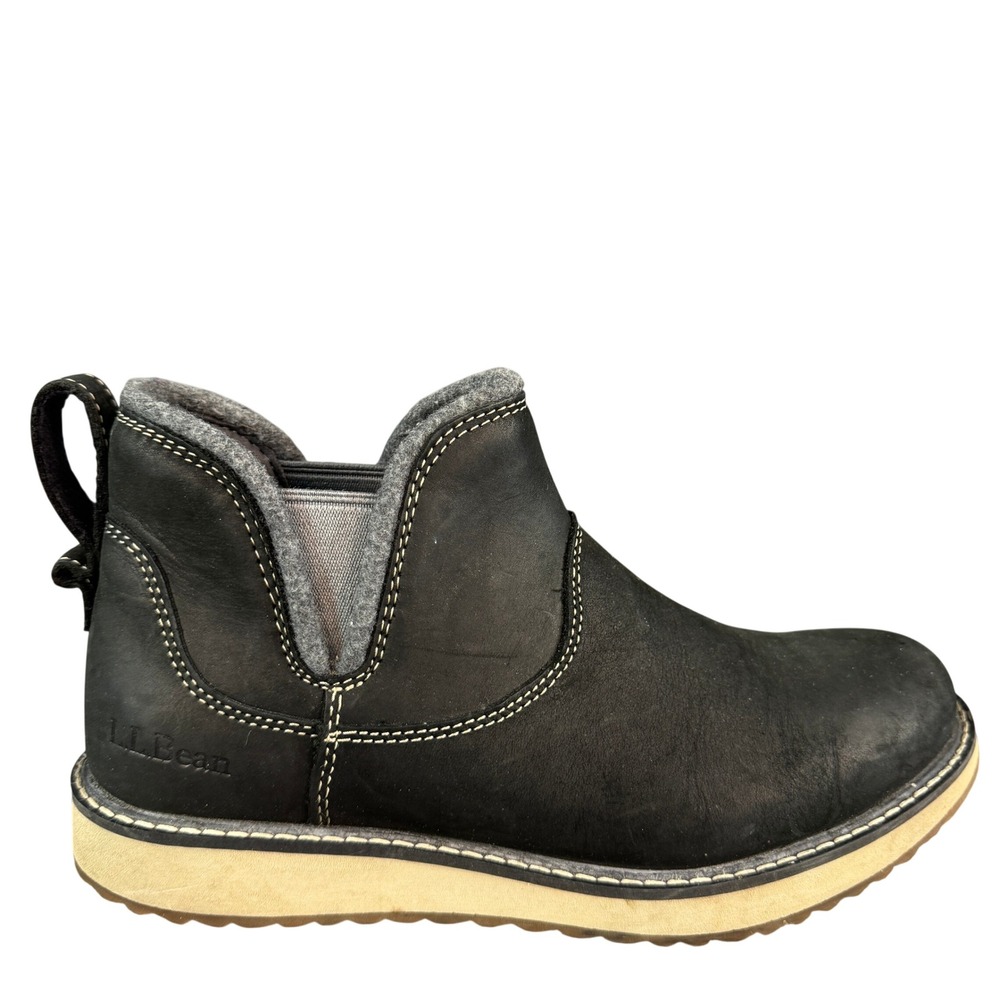 LL Bean Stonington Ankle Boots Black Leather Wool Lined Chelsea Women's 9.5